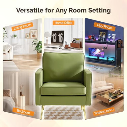 VINGLI Modern Accent Chair, Upholstered Faux Leather PU Armchair with Thick Cushion & Metal Legs, Comfortable Reading Chair for Living Room, Bedroom, Office, Green