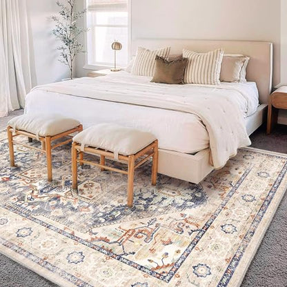 CHAMPLANT Washable Area Rug 9'x12' Blue Khaki Retro Flowers Boho Design Non-Shedding Easy Care Ideal for High Traffic Areas in Living Room Bedroom Office Coffee Table Kitchen Large Carpet - color: Blue Khaki, size: 9' x 12' (Rectangular)