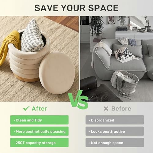 JHY DESIGN Round Ottoman with Storage, 16.5" H Velvet Footstool with Removable Lid & Solid Wood Base – Padded Seat Storage Ottoman for Bedroom, Living Room, Vanity(Cream)