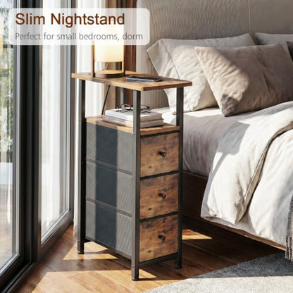 Narrow End Table with Charging Station, Small Nightstand | Skinny Side Tables Living Room with 3 Fabric Drawers, Slim Bedside Table for Bedroom, Small Spaces, Couch, Rustic Brown - color: Rustic Brown + Black, size: 27.55''H (3 Drawers), style: Power