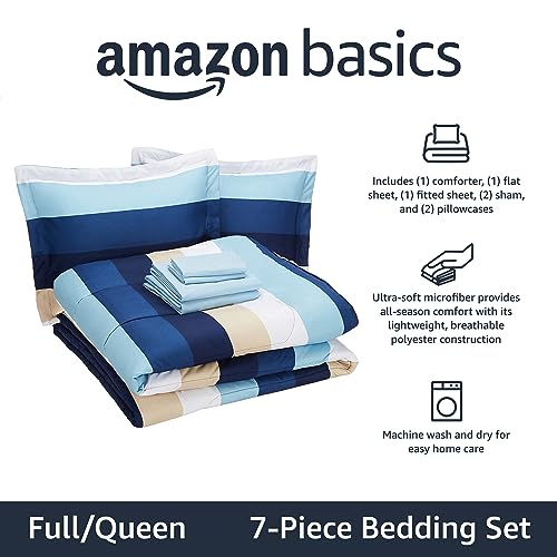 Amazon Basics Full/Queen Comforter Set with Sheets, 7-Piece Blue Stripe Bedding, Lightweight Microfiber Bed-in-a-Bag, Striped - color: Blue Stripe, size: Full/Queen, style: 1-Pack