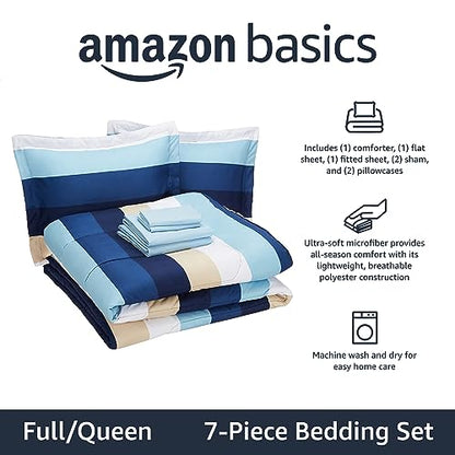 Amazon Basics Full/Queen Comforter Set with Sheets, 7-Piece Blue Stripe Bedding, Lightweight Microfiber Bed-in-a-Bag, Striped - color: Blue Stripe, size: Full/Queen, style: 1-Pack