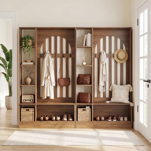 Tribesigns Room Divider with Storage Shelves and Bench | 70.9" Freestanding Wall Divider Partition with Coat Rack for Room Separation, Entryway, Living Room, Bedroom, Rustic Brown