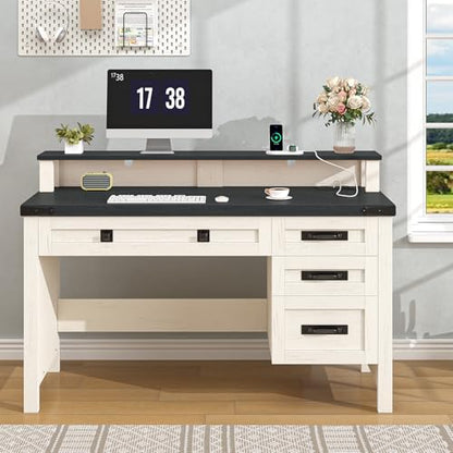 47" Farmhouse Computer Desk with Drawers & Outlets for Home Office, Bedroom | Executive Desk with Power Outlets, Home Office Desk with Monitor Stand, Small Desk Writing Study Table, Black and White - color: Black and White
