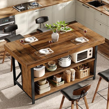 Tribesigns Large Kitchen Island with Storage, 55-Inch Wooden Stationary Island Table with Metal Frame, 3-Tier Industrial Center Bar Table with Thickened Countertop for Kitchen, Dining Room, Brown