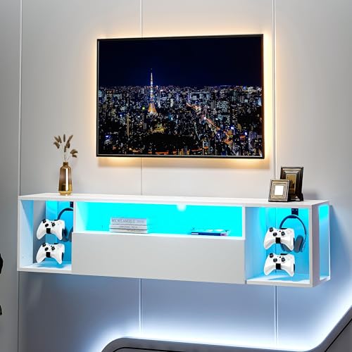 sogesfurniture 55'' Floating TV Stand Wall Mounted with Lights, Floating Entertainment Center with Lights, Modern Media Console with Storage, Wall Mounted LED TV Stand for Living Room - size: 55''-White