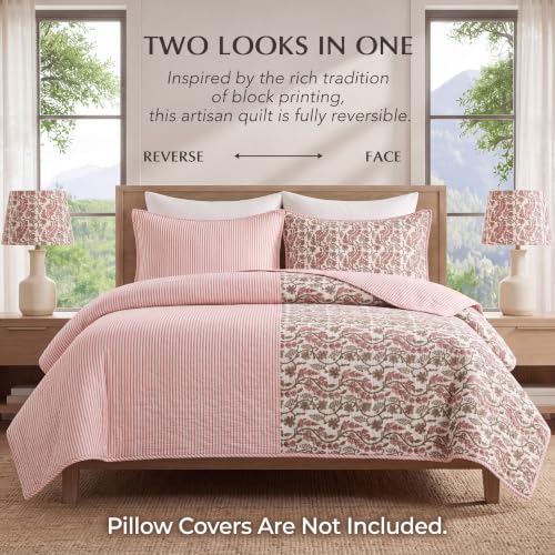 Block Print Reversible Cozy Quilt Coral Pink Queen 90" x 96" Lightweight Blanket for Sofa, Couch, Bed Soft Breathable Comforter Handmade Bedspread Duvet for Farmhouse, Home, Winter - color: Coral Pink, size: Queen 90" x 96"