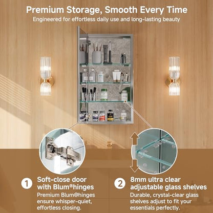 16" x 30" Bathroom Medicine Cabinet with Mirror, Recessed or Wall Mount | Medicine Cabinets with Adjustable Glass Shelves, Soft-Closed Hinge, Chrome Aluminum Frame, Reverse Installation - size: 16" x 30"