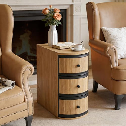BERRYMERRY Narrow End Table with Charging Station, Modern Slim Nightstand Bedside Table with 3 Drawers for Bedroom Living Room, Natural Wood Grain, 11.81" W x 23.51" D x 23.62" H