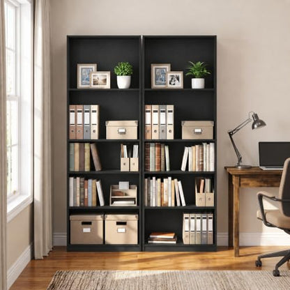Furinno Jaya Book Shelf Set of 2, 5-Tier Bookshelf, Bookcase, with Adjustable Shelf, 9.5 x 24.5 x 71, for Home Office, Living Room, Black - color: Blackwood, size: Set of 2, 5-Tier
