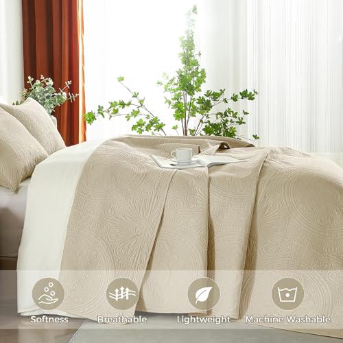WURUIBO Full/Queen Quilt Set Beige,Ultrasonic Embossed Bedspread, Lightweight Microfiber Coverlet, Modern Thin Bedding Set for All Season, 3 Piece(1 Quilt,2 Pillow Shams) - color: Beige, size: Full/Queen(90"x96")