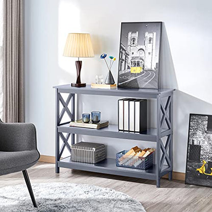 Yaheetech 42"L Console Table 3-Tier Narrow X-Frame Open Storage Shelf, Gray | Sofa Table for Entryway, Hallway and Living Room, Slim 14" Depth, Powder-Coated MDF, 88 lb Top Load, Easy Assembly - color: Grey
