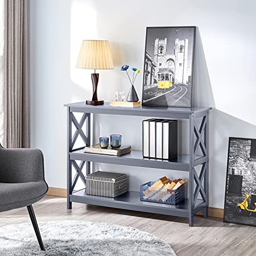 Yaheetech 42"L Console Table 3-Tier Narrow X-Frame Open Storage Shelf, Gray | Sofa Table for Entryway, Hallway and Living Room, Slim 14" Depth, Powder-Coated MDF, 88 lb Top Load, Easy Assembly - color: Grey