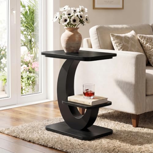 Tribesigns 2-Tier Narrow Side Table, End Table, Bedside Nightstand, Black | Industrial Arc-Shaped Metal Frame, Storage Shelf, For Living Room, Bedroom, Small Spaces - color: Black