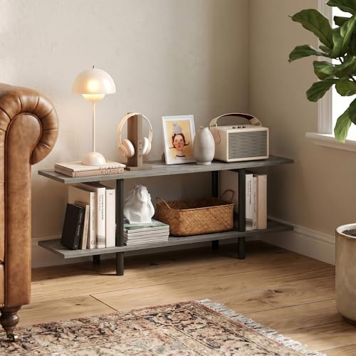2-Tier 47.2 Wide Toolless Open Shelves Book Shelf, Round Tubes Storage Shelves, Accent Display Shelf for Organization and Storage, Garage, Home Office, Living Room, French Oak - color: French Oak/Black, size: 2 Tier