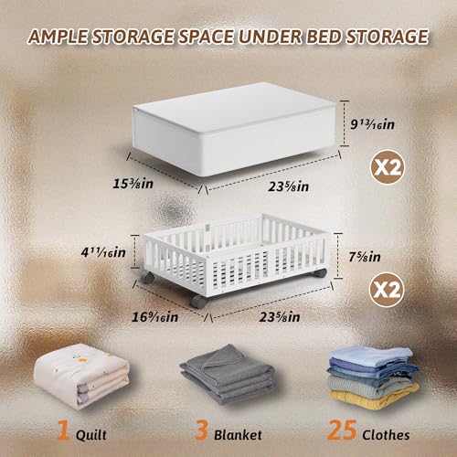 MHXW SXPN 2 Pack Bamboo Under Bed Storage Containers with Wheels, White | Underbed Drawer Storage with Bag, Wood Rolling Underbed Organizer for Shoes, Sheets Clothes Blanket Comforter, Under Crib Toy - color: White, size: 2 PCS (23.62"×16.54")