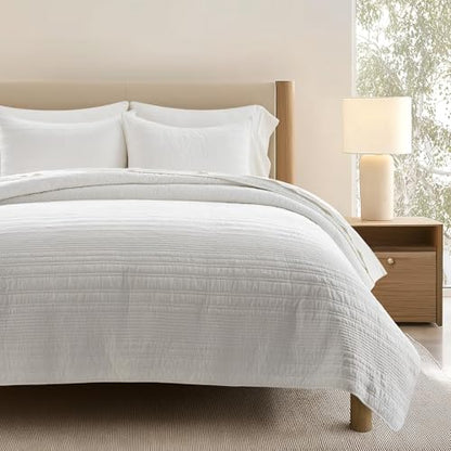 EVERGRACEHOME 100% Cotton Modern Lines Quilt Set Queen Size, Bright White | Pre-Washed Soft Cotton, Striped Coverlet Bedspread, 3 Piece Lightweight Bedding Set for All Season, with 2 Pillow Shams - color: Bright White, size: Full/Queen (92" X 92")