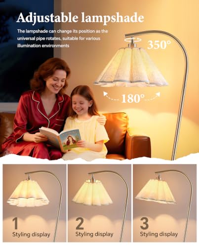 Floor Lamp with Pleated Linen Lampshade, Modern Flower Floor Lamp for Living Room Arc Standing Lamp, Gold Tall Lamp for Bedroom Office Dining Room, E26 Bulb Included
