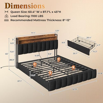 Bed Frame Queen Size with Upholstered Headboard & Charging Station, Queen Bed Frame with 4 Storage Drawers, 2-Tier Open Shelves, No Box Spring Needed, Slient Foam Strip, Easy Assembly, Black - color: Rustic Brown and Black, size: Queen