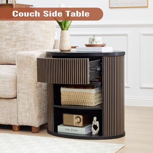 Fluted End Table with Drawer, Black Side Table with Storage, Mid Century Modern Nightstand for Bedroom Bedside, Living Room Couch Sofa, Office, Desk Side Table for Small Spaces - color: Oval-black