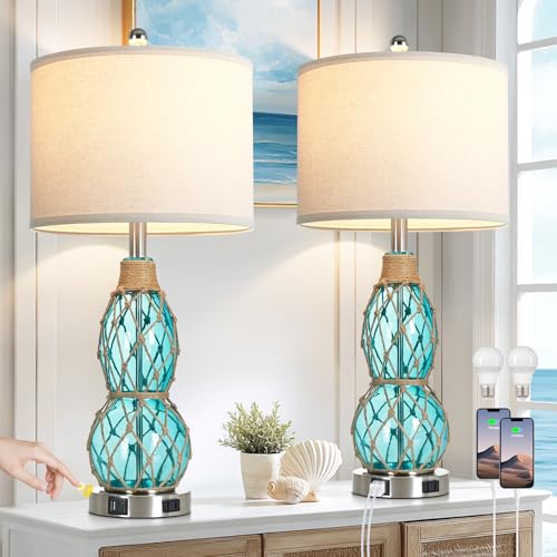 Rinweey 26" Coastal Glass Table Bedside Lamps Set of 2, 3-Way Dimmable Touch Lamps with USB Ports and AC Outlet, Nautical Nightstand Lamps for Bedroom Living Room,Teal - color: Teal