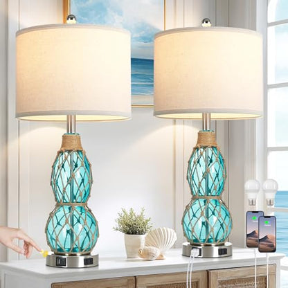 Rinweey 26" Coastal Glass Table Bedside Lamps Set of 2, 3-Way Dimmable Touch Lamps with USB Ports and AC Outlet, Nautical Nightstand Lamps for Bedroom Living Room,Teal - color: Teal