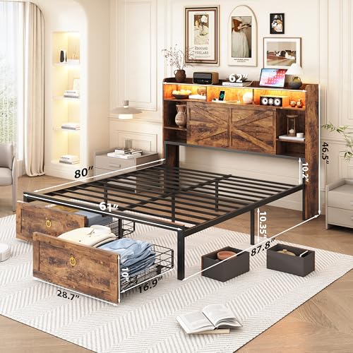 TIGUBFRE Queen Bed Frame with 4 Drawers Bookshelf Headboard, Farmhouse Bed Frame with Charging Station & LED Lights, Metal Slats Support, Noise Free, No Box Spring Needed Rustic Brown - color: Rustic Brown, size: Queen