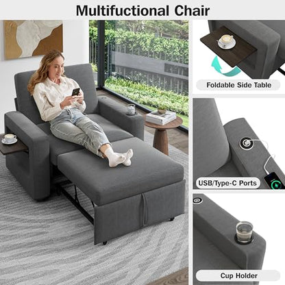Sunny Heart 42.5" W Oversized Sleeper Chair Bed, 3-in-1 Convertible Reclining Sofa Chair with Pull Out Couch Bed, Adjustable Backrest, Side Pockets, Cup Holder, USB Ports & Table, Premium Dark Grey - color: Dark Grey, size: 42.5 inch