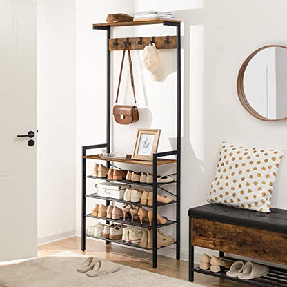HOOBRO Hall Tree with Bench, Coat Rack with Shoe Storage, Shoe and Coat Rack, 5-Tier Entryway Shoe Storage, 5 Hooks, for 12-16 Pairs, Industrial, Hallway, Foyer, Mudroom, Rustic Brown BF74MT01