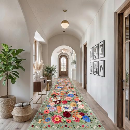 Green Floral Hallway Runner Rug 2'6"x14 for Bedroom Kitchen | Rubber Backing; Non Slip; Soft;Machine Washable; Ideal for Bathroom, Hallway, Laundry Room - color: Green, size: 2'6" x 14' (Rectangular)