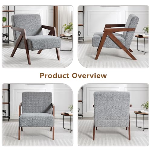 Bonzy Home Mid-Century Modern Accent Chair with Solid Wood Frame, Upholstered Armchair for Bedroom & Living Room,Reading Side Chair with Soft Lien Fabric Cushion,Easy Assembly - color: Light Gray, size: 1PCS
