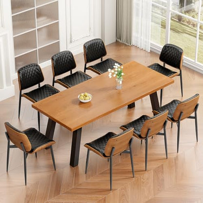 Dining Chairs Set of 2, Mid-Century Modern Upholstered PU Leather Chairs | with Walnut Back and Metal Legs Adjustable Feet for Kitchen Dining Room, Black Diamond Plaid - color: Black Diamond Plaid