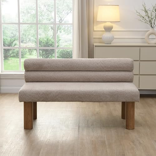 GDFStudio Upholstered Boucle Dining Bench with Backrest Farmhouse Entryway Bench with Rubber Wood Legs Long Indoor Bench for Bedroom Living Room End of Bed Dining Room Seating, Light Grey - color: Light Grey