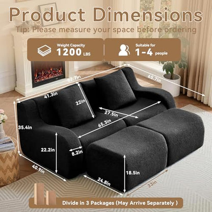 81.7” Sectional Boneless Sofa Couches, 2 Seater U-Shaped, Streamlined Design, No Assembly Modular Teddy Fabric Sofa for Living Room, Bedroom, Apartment, Home Office (Black) - color: Black02, size: 2Seat+2Ottoman