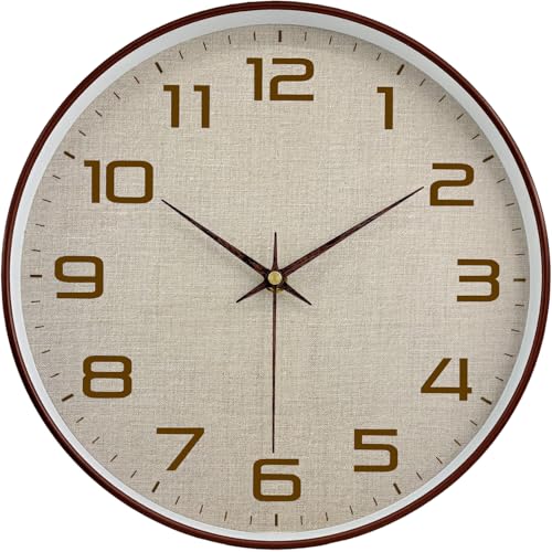 Woodgrain Wall Clocks Battery Operated 12 Inch with Linen Texture Face, Large Number Silent Digital Wall Clock, Non Ticking Analog Clock for Bedroom Living Room Bathroom Kitchen Office,Brown - color: Mocha Brown White, size: 12 Inch