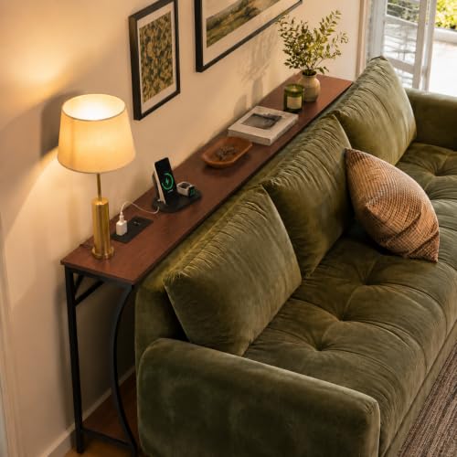 ARTPOWER Console Table with Built-in Power Outlets, Wood Narrow Behind Couch Sofa Table with Charging Station, Skinny Entryway Table with Open Shelf for Living Room, Hallway,Foyer,Set of 2, Brown - color: Brown, size: 2-packs