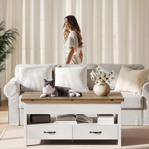 Amada Lift Top Coffee Table, 4 in 1 Convertible Coffee Table with Drawers and Hidden Compartment, Expandable Center Table Converts to Dining Table for Living Room, Farmhouse Oak & White - color: Oak & White