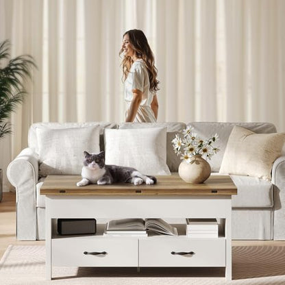Amada Lift Top Coffee Table, 4 in 1 Convertible Coffee Table with Drawers and Hidden Compartment, Expandable Center Table Converts to Dining Table for Living Room, Farmhouse Oak & White - color: Oak & White