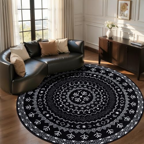 SERISSA 5ft Washable Non-Slip Boho Round Area Rug for Bedroom | Black and White Geometric Moroccan Circle Rug, Soft Low-Pile Indoor Circular Carpet for Entryway Living Room Dining Room - color: Black, size: 5' (Round)