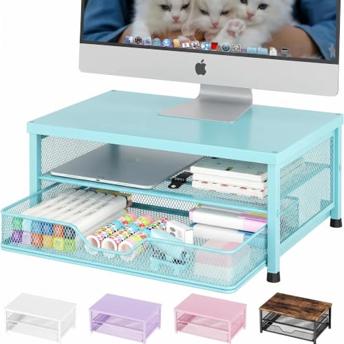 Computer Monitor Stand Riser, Desk Organizer with Drawer, Printer & Laptop Stand, Office Desk Accessories & Workspace Desktop Organizers Storage for Office Supplies(Blue) - color: Blue