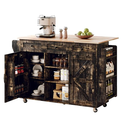 VINGLI 52" W Kitchen Island with Storage and Drop Leaf, Black & Gold | Farmhouse Rolling Cart with 3 Drawers, 2 Barn Doors, Adjustable Shelves, Side Rack and Locking Wheels - color: Black & Gold