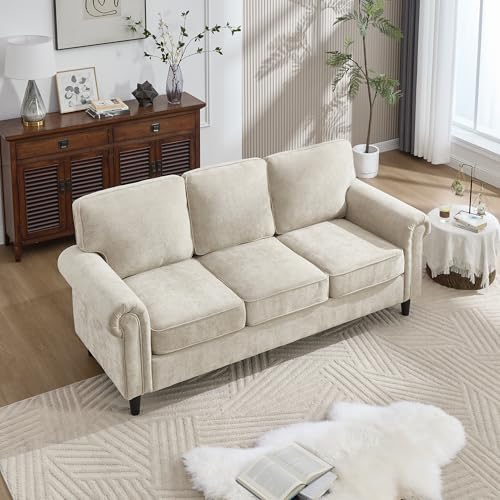 3 Seater Couch, Mid Century Modern Sofa with Rolled Arms and Deep Seats, Fluffy Comfort for Living Room, Apartment, Easy Assembly, Khaki - color: Khaki, size: Chenille Standard