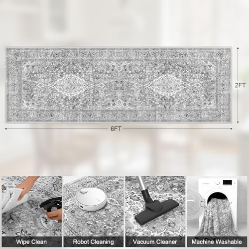 Grey Washable Vintage Runner Rug, 2x6 Boho Bedroom Area Rugs, Soft Non Slip Floral Entryway Carpet Runners, Indoor Low Pile Carpets for Kitchen Hallway Bedside - color: Grey, size: 2' x 6' (Rectangular)