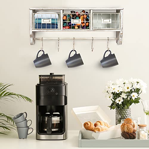 HBCY Creations Wall Mounted Shelf with Coat Hooks and Baskets, Solid Wood Entryway Organizer Wall Shelf with Hooks - Hang Coats, Keys or Coffee Mugs, Rustic Whitewashed 24" Wide - color: Whitewashed