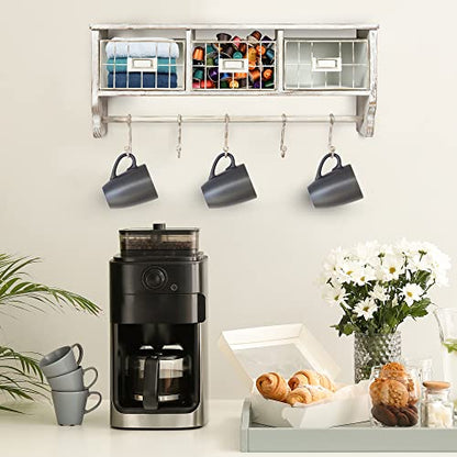 HBCY Creations Wall Mounted Shelf with Coat Hooks and Baskets, Solid Wood Entryway Organizer Wall Shelf with Hooks - Hang Coats, Keys or Coffee Mugs, Rustic Whitewashed 24" Wide - color: Whitewashed