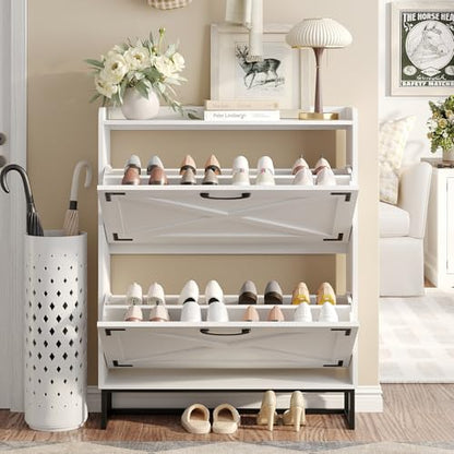 Maupvit Shoe Storage Cabinet with 2 Flip Drawers, Freestanding Organizer with Metal Legs for Entryway, Narrow Shoe Rack Cabinet, Black White - color: Black White, style: 2-Drawers