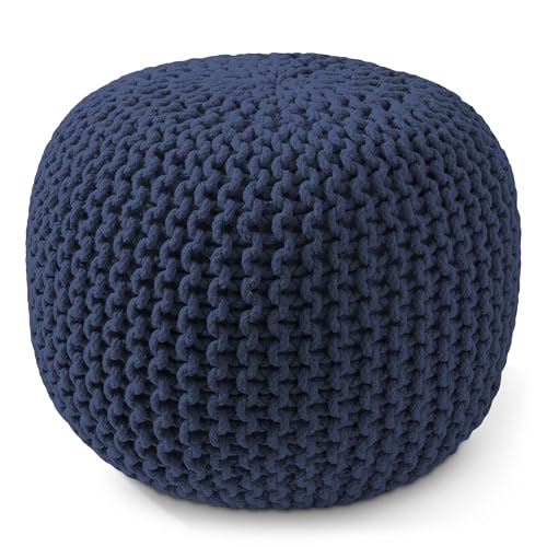 Casafield Round Pouf Ottoman, Navy Blue - 20" Diameter x 14.5" High Cotton Knit Foot Stool - Boho Floor Pouffe for Living Room, Bedroom, Home Office - color: Navy Blue, size: 20"D x 20"W x 14.5"H