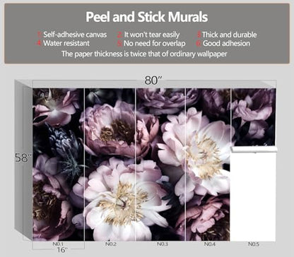 XMPMBM-Peel and Stick Purple Peony Floral Wallpaper Black Flower wall Mural | Thick and tear-resistant,Will not be damaged during repositioning,Living Room Bathroom,Bedroom wallpaper.S-80"X58" - color: M03, size: 80"x58"