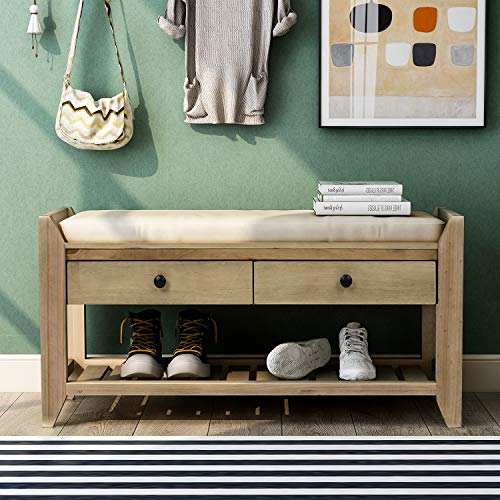 LUMISOL Storage Bench, Shoe Rack with Upholstered Seat and 2 Drawers, Solid Wood Entryway Storage Bench with Shoe Rack for Entryway, Living Room, Bedroom, Antique Navy - color: Grey Wash, size: 39"L x 14"W x 19.8"H