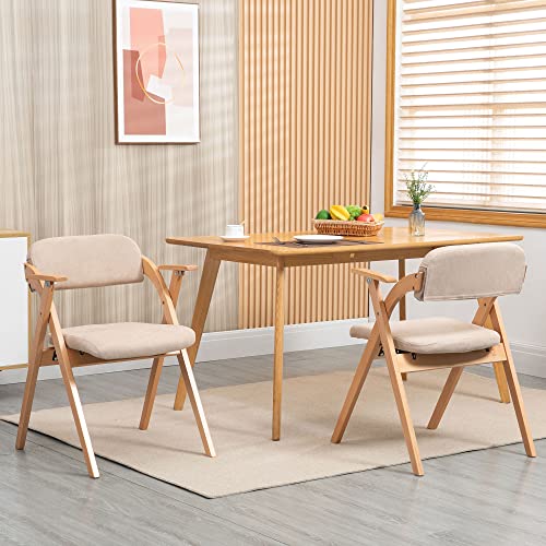 Folding Chairs with Armrest | Wooden Stackable Foldable Dining Chair with Padded Seats Set of 2 Extra for Guests Kitchen Office Wedding Party, Khaki - color: Khaki With Armrest, size: 2PCS